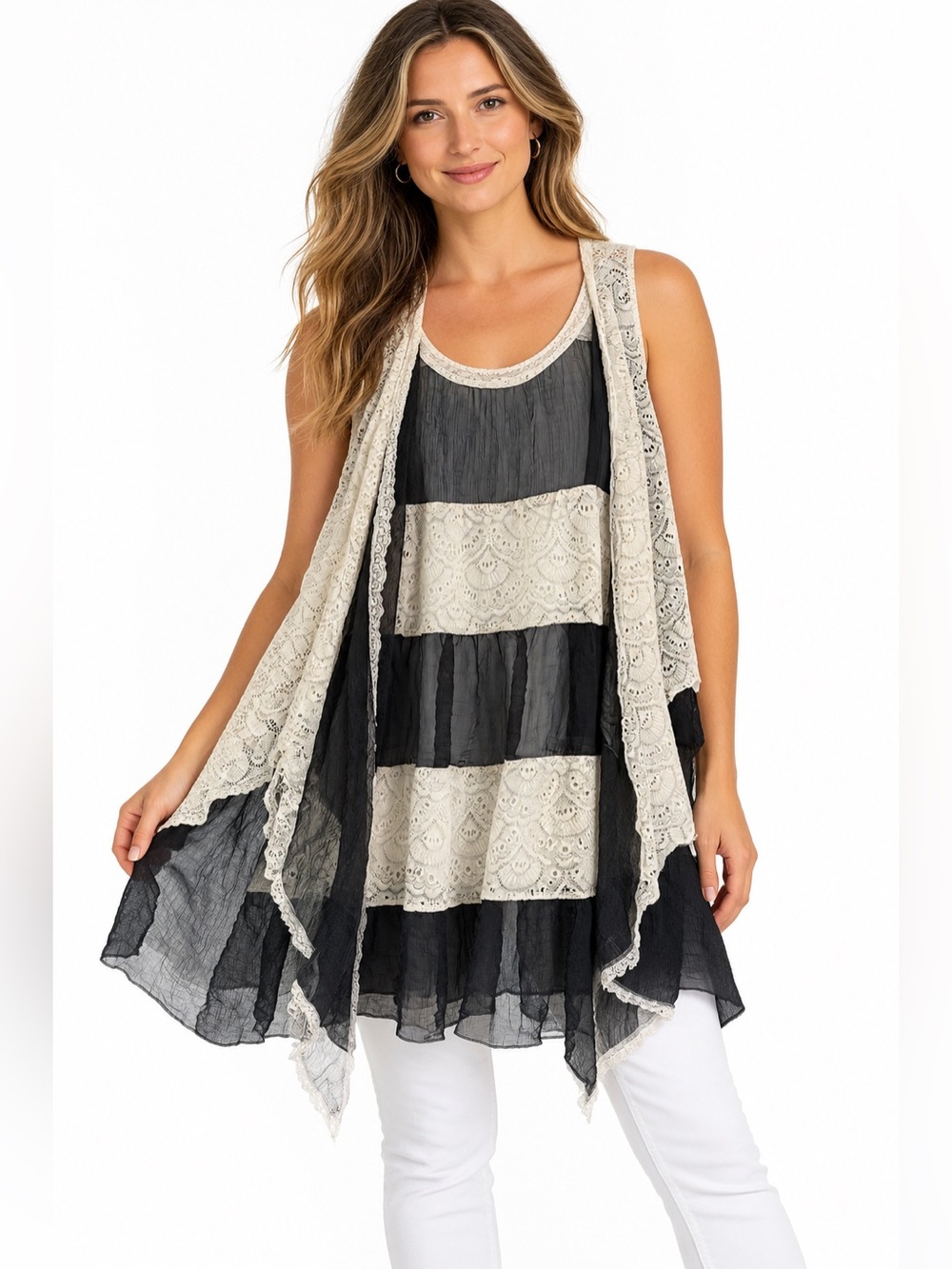 Pretty Angel Black & Ivory Silk Blend Lace Tiered Lagenlook Tunic Top Size XL